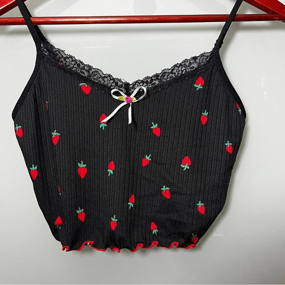 Black & Strawberry Bralette Women's Medium Delicate Lace Comfort Romantic Cute - Picture 2 of 6